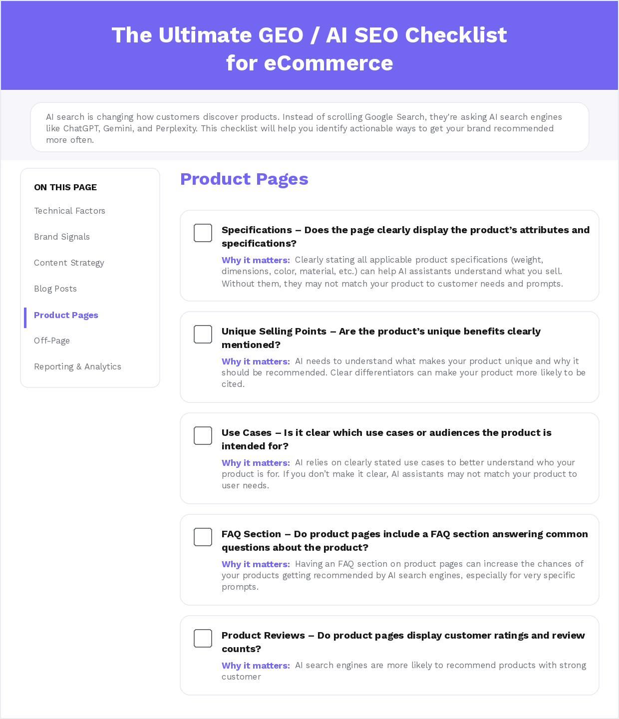 GEO AI SEO Checklist for eCommerce - Product Pages section preview